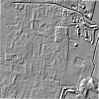 Shaded relief map of the ground around DE655EH, computed from Environment Agency LiDAR. The ground here sits at about 54 m above sea level and falls 5 m across the surrounding 800 m. Surface water reaching this point runs off ground lying to the north-north-west, 0.5 m higher.