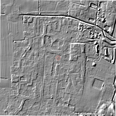 Shaded relief map of the ground around DE655EJ, computed from Environment Agency LiDAR. The ground here sits at about 54 m above sea level and falls 4 m across the surrounding 800 m. Surface water reaching this point runs off ground lying to the west, 1.3 m higher.