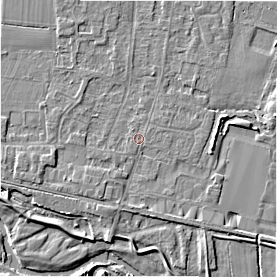 Shaded relief map of the ground around DE655EL, computed from Environment Agency LiDAR. The ground here sits at about 54 m above sea level and falls 6 m across the surrounding 800 m. The ground contributing surface water to this point lies to the south.