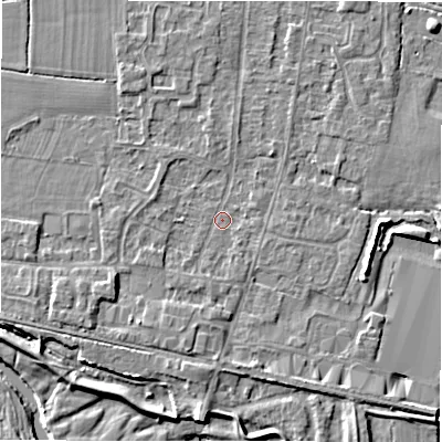 Shaded relief map of the ground around DE655EN, computed from Environment Agency LiDAR. The ground here sits at about 54 m above sea level and falls 6 m across the surrounding 800 m. Surface water reaching this point runs off ground lying to the south-west, 1.9 m higher.