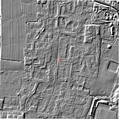 Shaded relief map of the ground around DE655EP, computed from Environment Agency LiDAR. The ground here sits at about 54 m above sea level and falls 4 m across the surrounding 800 m. Surface water reaching this point runs off ground lying to the west, 1.3 m higher.