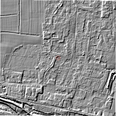 Shaded relief map of the ground around DE655EQ, computed from Environment Agency LiDAR. The ground here sits at about 54 m above sea level and falls 5 m across the surrounding 800 m. Surface water reaching this point runs off ground lying to the south-south-west, 1.2 m higher.