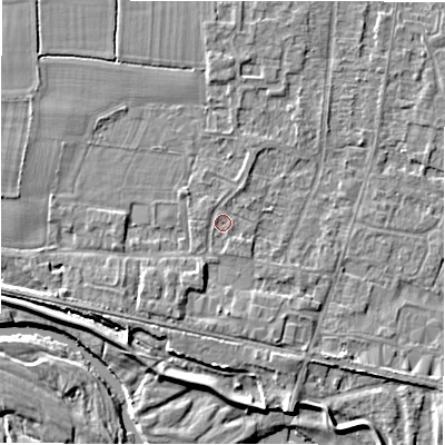 Shaded relief map of the ground around DE655ER, computed from Environment Agency LiDAR. The ground here sits at about 54 m above sea level and falls 6 m across the surrounding 800 m. Surface water reaching this point runs off ground lying to the south, 1.7 m higher.