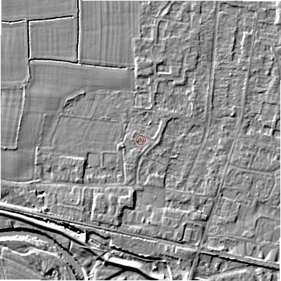 Shaded relief map of the ground around DE655ES, computed from Environment Agency LiDAR. The ground here sits at about 54 m above sea level and falls 5 m across the surrounding 800 m. Surface water reaching this point runs off ground lying to the east, 0.6 m higher.