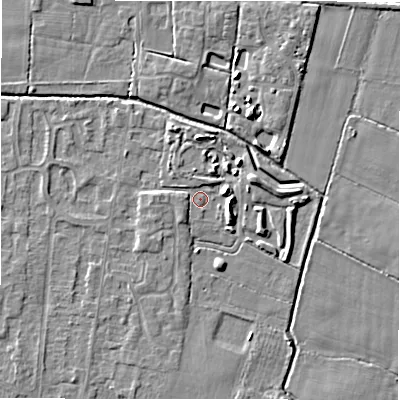 Shaded relief map of the ground around DE655ET, computed from Environment Agency LiDAR. The ground here sits at about 54 m above sea level and falls 4 m across the surrounding 800 m. Surface water reaching this point runs off ground lying to the west, 1.7 m higher.