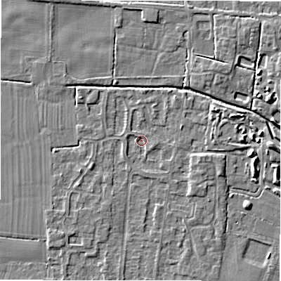 Shaded relief map of the ground around DE655EU, computed from Environment Agency LiDAR. The ground here sits at about 53 m above sea level and falls 4 m across the surrounding 800 m. Surface water reaching this point runs off ground lying to the south-west, 1.0 m higher.