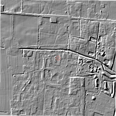 Shaded relief map of the ground around DE655EW, computed from Environment Agency LiDAR. The ground here sits at about 54 m above sea level and falls 4 m across the surrounding 800 m. Surface water reaching this point runs off ground lying to the south-west, 1.0 m higher.