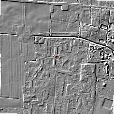 Shaded relief map of the ground around DE655EX, computed from Environment Agency LiDAR. The ground here sits at about 54 m above sea level and falls 4 m across the surrounding 800 m. Surface water reaching this point runs off ground lying to the south-south-west, 1.0 m higher.