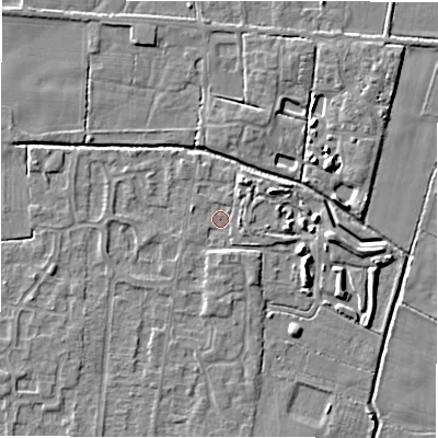 Shaded relief map of the ground around DE655EY, computed from Environment Agency LiDAR. The ground here sits at about 54 m above sea level and falls 4 m across the surrounding 800 m. Surface water reaching this point runs off ground lying to the south, 1.7 m higher.