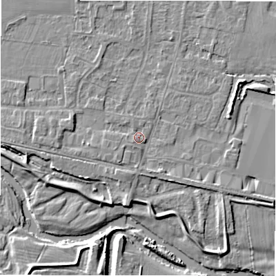 Shaded relief map of the ground around DE655EZ, computed from Environment Agency LiDAR. The ground here sits at about 54 m above sea level and falls 6 m across the surrounding 800 m. Surface water reaching this point runs off ground lying to the south-west, 1.9 m higher.