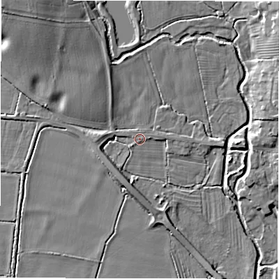 Shaded relief map of the ground around DE655FZ, computed from Environment Agency LiDAR. The ground here sits at about 53 m above sea level and falls 9 m across the surrounding 800 m. Surface water reaching this point runs off ground lying to the east, 0.6 m higher.