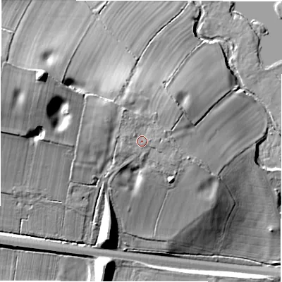 Shaded relief map of the ground around DE655GA, computed from Environment Agency LiDAR. The ground here sits at about 74 m above sea level and falls 28 m across the surrounding 800 m. Surface water reaching this point runs off ground lying to the north-west, 0.8 m higher.