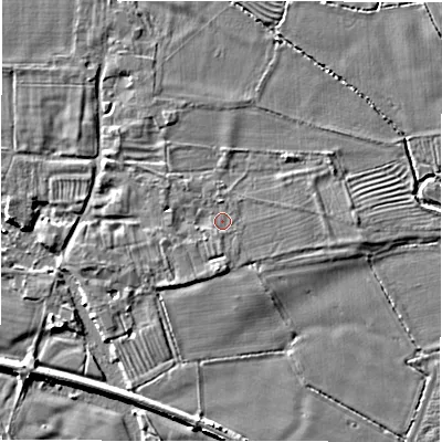 Shaded relief map of the ground around DE655GD, computed from Environment Agency LiDAR. The ground here sits at about 51 m above sea level and falls 4 m across the surrounding 800 m. Surface water reaching this point runs off ground lying to the south, 1.6 m higher.