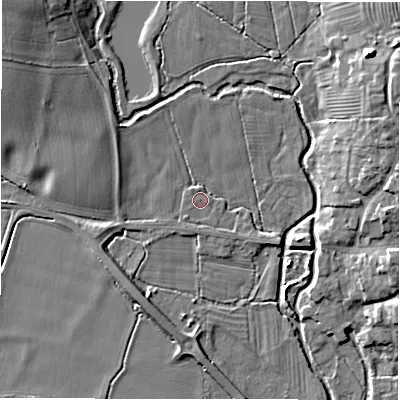 Shaded relief map of the ground around DE655GE, computed from Environment Agency LiDAR. The ground here sits at about 53 m above sea level and falls 10 m across the surrounding 800 m. Surface water reaching this point runs off ground lying to the north-west, 2.9 m higher.