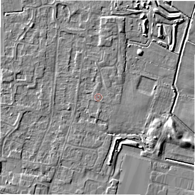 Shaded relief map of the ground around DE655HG, computed from Environment Agency LiDAR. The ground here sits at about 54 m above sea level and falls 5 m across the surrounding 800 m. The ground contributing surface water to this point lies to the south.
