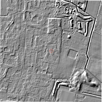 Shaded relief map of the ground around DE655HL, computed from Environment Agency LiDAR. The ground here sits at about 54 m above sea level and falls 5 m across the surrounding 800 m. Surface water reaching this point runs off ground lying to the south-west, 0.6 m higher.