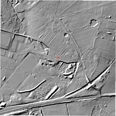 Shaded relief map of the ground around DE655JD, computed from Environment Agency LiDAR. The ground here sits at about 54 m above sea level and falls 12 m across the surrounding 800 m. Surface water reaching this point runs off ground lying to the north-north-east, 2.9 m higher.