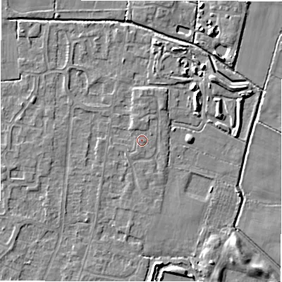 Shaded relief map of the ground around DE655JG, computed from Environment Agency LiDAR. The ground here sits at about 54 m above sea level and falls 5 m across the surrounding 800 m. Surface water reaching this point runs off ground lying to the north, 1.1 m higher.