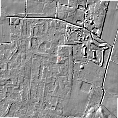 Shaded relief map of the ground around DE655JU, computed from Environment Agency LiDAR. The ground here sits at about 54 m above sea level and falls 5 m across the surrounding 800 m. Surface water reaching this point runs off ground lying to the south-south-west, 1.2 m higher.