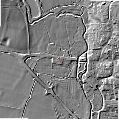 Shaded relief map of the ground around DE655JW, computed from Environment Agency LiDAR. The ground here sits at about 53 m above sea level and falls 10 m across the surrounding 800 m. Surface water reaching this point runs off ground lying to the north, 0.5 m higher.