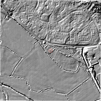 Shaded relief map of the ground around DE655LS, computed from Environment Agency LiDAR. The ground here sits at about 50 m above sea level and falls 12 m across the surrounding 800 m. Surface water reaching this point runs off ground lying to the north-west, 2.5 m higher.