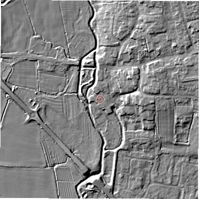 Shaded relief map of the ground around DE655LU, computed from Environment Agency LiDAR. The ground here sits at about 54 m above sea level and falls 11 m across the surrounding 800 m. Surface water reaching this point runs off ground lying to the north-north-east, 1.3 m higher.