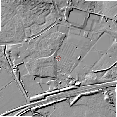 Shaded relief map of the ground around DE655LX, computed from Environment Agency LiDAR. The ground here sits at about 50 m above sea level and falls 10 m across the surrounding 800 m. Surface water reaching this point runs off ground lying to the west-north-west, 1.8 m higher.