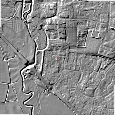 Shaded relief map of the ground around DE655LZ, computed from Environment Agency LiDAR. The ground here sits at about 52 m above sea level and falls 11 m across the surrounding 800 m. The ground contributing surface water to this point lies to the north.