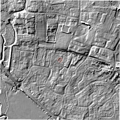 Shaded relief map of the ground around DE655NB, computed from Environment Agency LiDAR. The ground here sits at about 51 m above sea level and falls 11 m across the surrounding 800 m. Surface water reaching this point runs off ground lying to the north-north-east, 9.6 m higher.