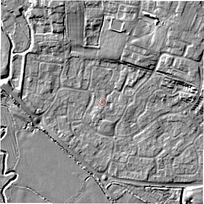 Shaded relief map of the ground around DE655ND, computed from Environment Agency LiDAR. The ground here sits at about 51 m above sea level and falls 12 m across the surrounding 800 m. Surface water reaching this point runs off ground lying to the north-east, 9.8 m higher.