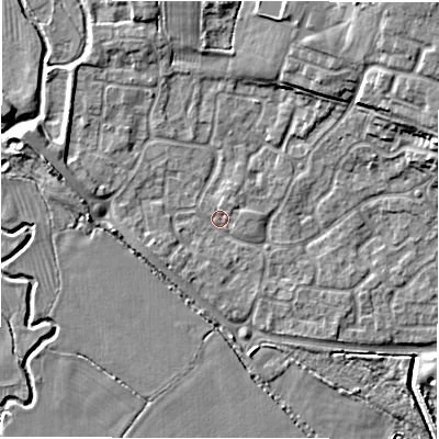 Shaded relief map of the ground around DE655NE, computed from Environment Agency LiDAR. The ground here sits at about 51 m above sea level and falls 12 m across the surrounding 800 m. Surface water reaching this point runs off ground lying to the north-east, 9.8 m higher.