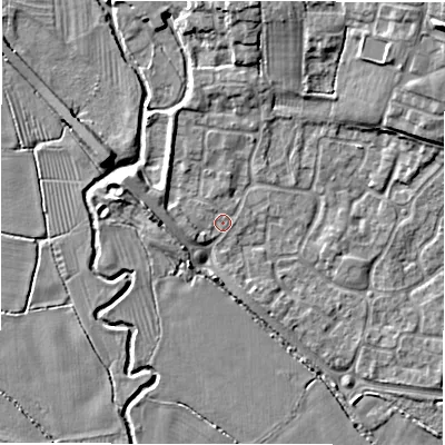 Shaded relief map of the ground around DE655NN, computed from Environment Agency LiDAR. The ground here sits at about 52 m above sea level and falls 11 m across the surrounding 800 m. Surface water reaching this point runs off ground lying to the west, 1.7 m higher.