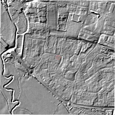Shaded relief map of the ground around DE655NR, computed from Environment Agency LiDAR. The ground here sits at about 51 m above sea level and falls 13 m across the surrounding 800 m. Surface water reaching this point runs off ground lying to the north-north-east, 8.2 m higher.