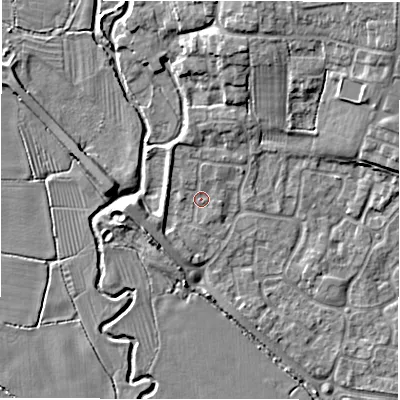 Shaded relief map of the ground around DE655NU, computed from Environment Agency LiDAR. The ground here sits at about 52 m above sea level and falls 10 m across the surrounding 800 m. Surface water reaching this point runs off ground lying to the west-south-west, 2.5 m higher.