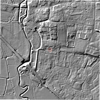 Shaded relief map of the ground around DE655NW, computed from Environment Agency LiDAR. The ground here sits at about 52 m above sea level and falls 11 m across the surrounding 800 m. Surface water reaching this point runs off ground lying to the north-north-east, 1.7 m higher.