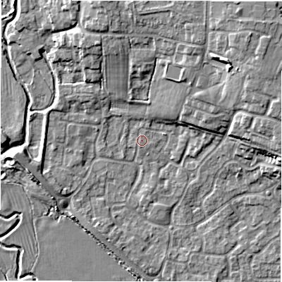 Shaded relief map of the ground around DE655NX, computed from Environment Agency LiDAR. The ground here sits at about 52 m above sea level and falls 11 m across the surrounding 800 m. The ground contributing surface water to this point lies to the north.