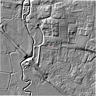 Shaded relief map of the ground around DE655NY, computed from Environment Agency LiDAR. The ground here sits at about 52 m above sea level and falls 10 m across the surrounding 800 m. Surface water reaching this point runs off ground lying to the west, 1.4 m higher.