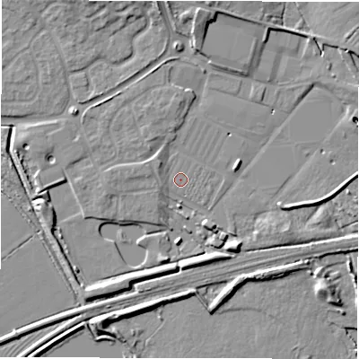 Shaded relief map of the ground around DE655PA, computed from Environment Agency LiDAR. The ground here sits at about 50 m above sea level and falls 10 m across the surrounding 800 m. Surface water reaching this point runs off ground lying to the north-west, 1.7 m higher.