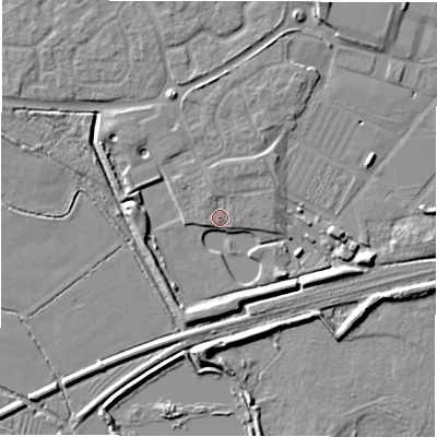 Shaded relief map of the ground around DE655PD, computed from Environment Agency LiDAR. The ground here sits at about 51 m above sea level and falls 6 m across the surrounding 800 m. Surface water reaching this point runs off ground lying to the west, 4.0 m higher.