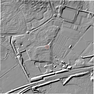 Shaded relief map of the ground around DE655PE, computed from Environment Agency LiDAR. The ground here sits at about 51 m above sea level and falls 10 m across the surrounding 800 m. Surface water reaching this point runs off ground lying to the north-east, 1.1 m higher.