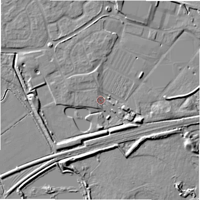 Shaded relief map of the ground around DE655PF, computed from Environment Agency LiDAR. The ground here sits at about 50 m above sea level and falls 7 m across the surrounding 800 m. Surface water reaching this point runs off ground lying to the south-east, 4.1 m higher.