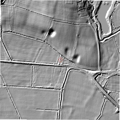 Shaded relief map of the ground around DE655PG, computed from Environment Agency LiDAR. The ground here sits at about 53 m above sea level and falls 10 m across the surrounding 800 m. Surface water reaching this point runs off ground lying to the north, 7.8 m higher.