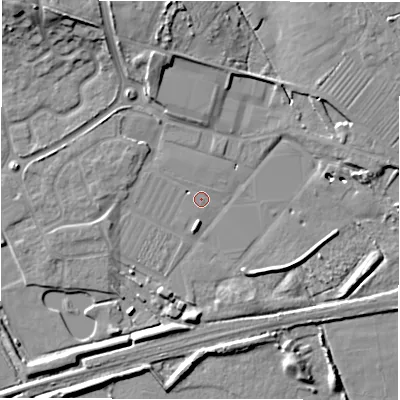 Shaded relief map of the ground around DE655PH, computed from Environment Agency LiDAR. The ground here sits at about 50 m above sea level and falls 13 m across the surrounding 800 m. Surface water reaching this point runs off ground lying to the north, 9.5 m higher.