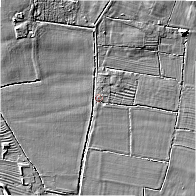 Shaded relief map of the ground around DE655PL, computed from Environment Agency LiDAR. The ground here sits at about 58 m above sea level and falls 6 m across the surrounding 800 m. Surface water reaching this point runs off ground lying to the north-west, 6.2 m higher.