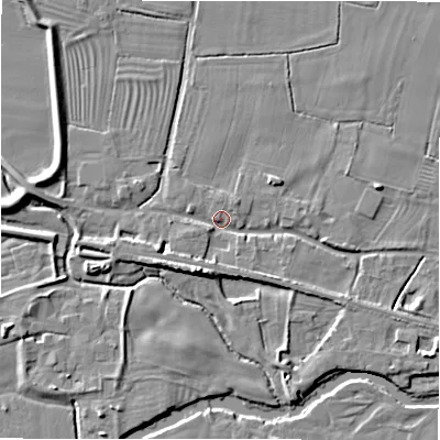 Shaded relief map of the ground around DE655PN, computed from Environment Agency LiDAR. The ground here sits at about 57 m above sea level and falls 7 m across the surrounding 800 m. Surface water reaching this point runs off ground lying to the south, 2.3 m higher.