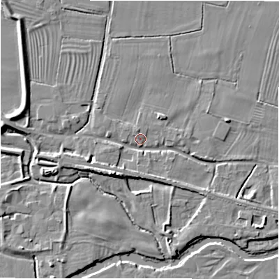 Shaded relief map of the ground around DE655PP, computed from Environment Agency LiDAR. The ground here sits at about 58 m above sea level and falls 7 m across the surrounding 800 m. Surface water reaching this point runs off ground lying to the north-north-west, 1.7 m higher.