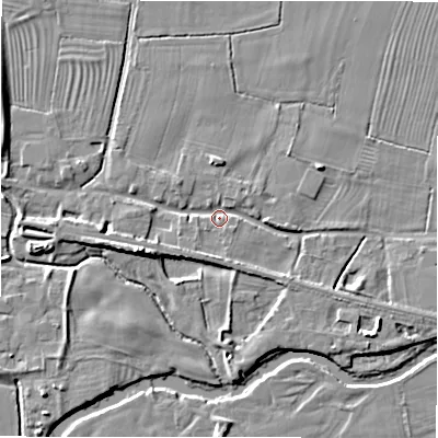 Shaded relief map of the ground around DE655PQ, computed from Environment Agency LiDAR. The ground here sits at about 58 m above sea level and falls 7 m across the surrounding 800 m. Surface water reaching this point runs off ground lying to the south-south-west, 2.4 m higher.
