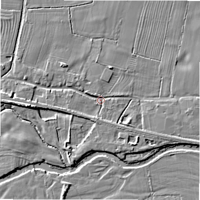 Shaded relief map of the ground around DE655PR, computed from Environment Agency LiDAR. The ground here sits at about 56 m above sea level and falls 7 m across the surrounding 800 m. Surface water reaching this point runs off ground lying to the west-south-west, 2.6 m higher.
