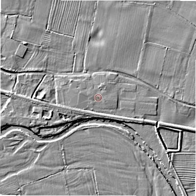 Shaded relief map of the ground around DE655PS, computed from Environment Agency LiDAR. The ground here sits at about 57 m above sea level and falls 6 m across the surrounding 800 m. Surface water reaching this point runs off ground lying to the west-north-west, 0.7 m higher.