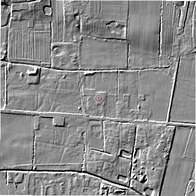Shaded relief map of the ground around DE655PT, computed from Environment Agency LiDAR. The ground here sits at about 54 m above sea level and falls 6 m across the surrounding 800 m. The ground contributing surface water to this point lies to the east-south-east.